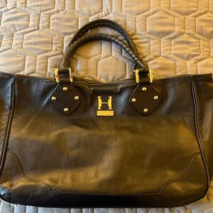 Halston Heritage Black Leather Tote with Gold Accents